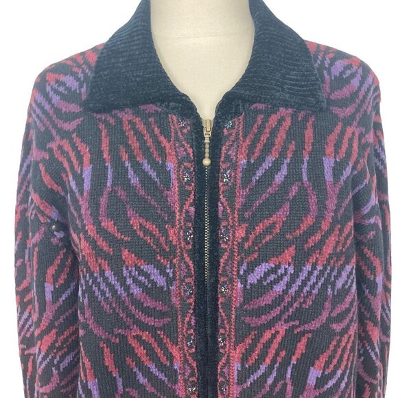 Vintage Icelandic Design Sweater Coat Cardigan Jacket Large Black Red Lined - Picture 2 of 13